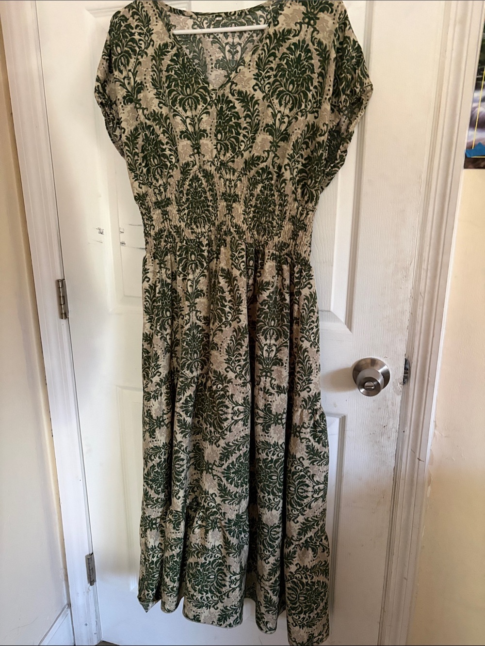 Cream Midi Dress with Green Damask Print